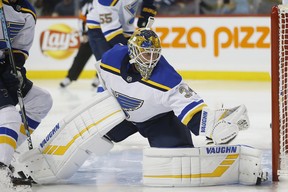 St. Louis Blues goaltender Jake Allen stopped 26 of 26 shots for the shutout against the Jets last night. (The Canadian Press)