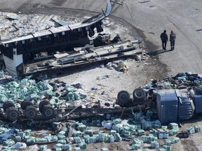 The wreckage of a fatal bus crash carrying members of the Humboldt Broncos hockey team is shown outside of Tisdale, Sask., on April, 7, 2018.