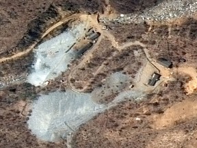 This April 20, 2018, satellite image provided by DigitalGlobe shows the nuclear test site in Punggye-ri, North Korea.