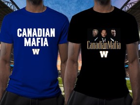 Winnipeg Blue Bombers tweeted Friday, Nov. 30, 2018, that they are producing two 'Canadian Mafia' T-shirts, one of which features pictures of head coach Mike O'Shea, team president Wade Miller and general manager Kyle Walters -- all of whom are Canadian. During the West final between Calgary and Winnipeg, television cameras caught Dickenson shouting '(expletive) Canadian' while questioning why some calls were being made in front of O'Shea. Dickenson has since apologized for the comment.