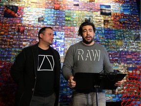 Raw:almond co-founders, chef Mandel Hitzer (right) and designer Joe Kalturnyk, talk up the winter pop-up restaurant on the Assiniboine River which returns for a seventh year from Jan. 17-Feb. 24, during a press event at the Alt Hotel in Winnipeg on Monday. Tickets go on sale Dec. 15.