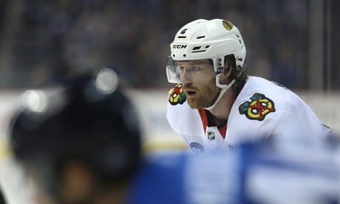Chicago Blackhawks defenceman Duncan Keith lines up for a faceoff against the Winnipeg Jets in Winnipeg on Tues., Dec. 11, 2018. Kevin King/Winnipeg Sun/Postmedia Network