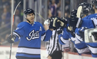 Winnipeg Jets centre Mark Scheifele celebrates his goal against the Chicago Blackhawks in Winnipeg on Tues., Dec. 11, 2018. Kevin King/Winnipeg Sun/Postmedia Network