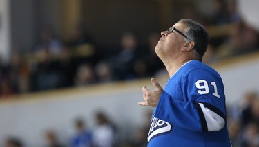 Dancing Gabe Langlois entertains fans during a break in NHL action between the Winnipeg Jets and Chicago Blackhawks in Winnipeg on Tues., Dec. 11, 2018. Kevin King/Winnipeg Sun/Postmedia Network