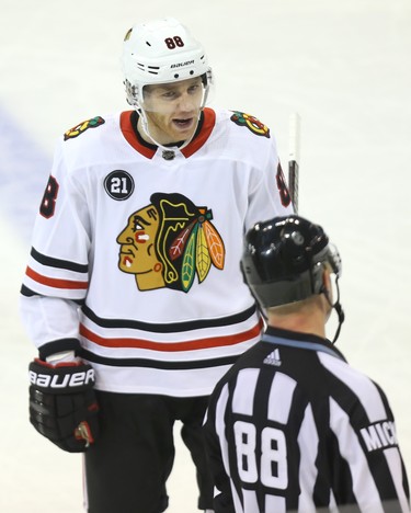 Chicago Blackhawks forward Patrick Kane disagrees with an intentional offside call made by linesman Tyson Baker in Winnipeg on Tues., Dec. 11, 2018. Kevin King/Winnipeg Sun/Postmedia Network