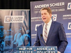 Conservative Leader Andrew Scheer visited Winnipeg, Monday, Dec. 3, 2018 and is promising more money for police to combat gun and gang violence and says he will audit Canadian jail programs to make sure inmates are ready to rejoin society when their sentences are up.
Scott Billeck/Winnipeg Sun/Postmedia Network