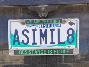 Manitoba Public Insurance is not allowing Winnipeg's Nicholas Troller to have ASIMIL8 for a personalized licence plate. On Monday, July 31, 2017, it was announced that the Justice Centre for Constitutional Freedoms has taken legal action against MPI in the name of the devout Star Trek fan who has been embroiled in a battle with the Crown corporation after his submission for a personalized licence plate that reads 'ASIMIL8' was rejected earlier this year.  ORG XMIT: z8hn7bvKkfcnFLK4g9pn ORG XMIT: POS1707311517299164