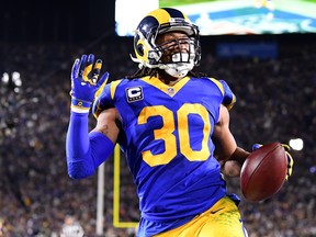 Todd Gurley of the Los Angeles Rams scores a 35-yard touchdown in the second quarter against the Dallas Cowboys in the NFC Divisional Playoff game at Los Angeles Memorial Coliseum on Jan. 12, 2019 in Los Angeles, Calif. (Harry How/Getty Images)