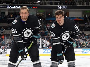 SAN JOSE, CA - JANUARY 26:  Mark Scheifele #55 and Blake Wheeler #26 of the Winnipeg Jets pose prior to the 2019 Honda NHL All-Star Game at SAP Center on January 26, 2019 in San Jose, California.  (Photo by Bruce Bennett/Getty Images)