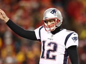 KANSAS CITY, MISSOURI - JANUARY 20: Tom Brady #12 of the New England Patriots gestures in the second half against the Kansas City Chiefs during the AFC Championship Game at Arrowhead Stadium on January 20, 2019 in Kansas City, Missouri. (Photo by Ronald Martinez/Getty Images)