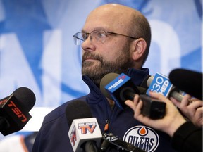 Edmonton Oilers president of hockey operations and general manager Peter Chiarelli speaks to the media about the team's recent trades in Edmonton on Dec. 31, 2018.