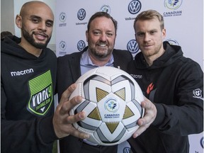 Kyle Porter, left, of York9 CPL Commissioner, David Clanachan, middle, and Kyle Becker of Forge FC at the announcement of the CPL's first game. Press conference in Toronto, Ont. on Tuesday January 29, 2019.