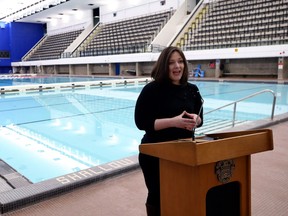 Coun. Sherri Rollins speaks at a press event announcing the Pan Am Pool on Poseidon Bay in Winnipeg is fully re-opened on Wed., Jan. 2, 2019. Kevin King/Winnipeg Sun/Postmedia Network