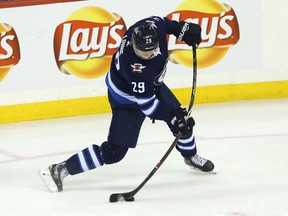 Winnipeg Jets forward Patrik Laine leans into a one-timer during a third-period power-play against the Dallas Stars in Winnipeg on Sun., Jan. 6, 2019. Kevin King/Winnipeg Sun/Postmedia Network