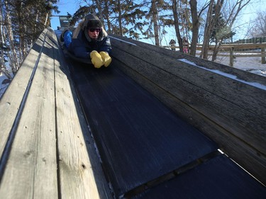A man rides headfirst down the giant toboggan slide during Winterfest at Fort Whyte Alive in Winnipeg on Sun., Jan. 20, 2019. Kevin King/Winnipeg Sun/Postmedia Network