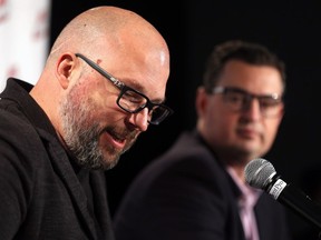 Greg Fettes (left), Ice owner, speaks as president/GM Matt Cockell looks on during a press conference to officially announce the Kootenay ice are moving to Winnipeg, at The Rink Training Centre on MacGillivray Boulevard in Winnipeg, on Tues., Jan. 29, 2019. Fast forward to 2023 and things don't like so rosy for the WHL franchise. Kevin King/Winnipeg Sun/Postmedia Network