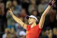 Bianca Andreescu of Canada celebrates her victory against Venus Williams of the US during their women's singles quarter-final match at the ASB Classic tennis tournament in Auckland on January 4, 2019. (Photo by DAVID ROWLAND / AFP)