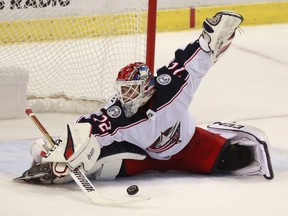 File- This Jan. 5, 2019, file photo shows Columbus Blue Jackets goaltender Sergei Bobrovsky (72) making a save during the third period of an NHL hockey game in Sunrise, Fla.
(AP Photo/Wilfredo Lee, File)