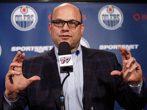 Edmonton Oilers general manager Peter Chiarelli speaks to the media during the Oilers' end-of-the-year press conference in Edmonton, Alta., on Sunday, April 10, 2016. (THE CANADIAN PRESS/Codie McLachlan)
