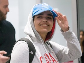 Saudi teenager Rahaf Mohammed Alqunun arrives at Toronto Pearson International Airport, on Saturday, Jan. 12, 2019. (THE CANADIAN PRESS/Chris Young)