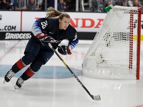 United States' Kendall Coyne Schofield skates during the Skills Competition, part of the NHL All-Star weekend, in San Jose, Calif., Friday, Jan. 25, 2019.