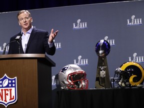 NFL Commissioner Roger Goodell answers a question during a news conference for the NFL Super Bowl 53 football game Wednesday, Jan. 30, 2019, in Atlanta. (AP Photo/David J. Phillip)
