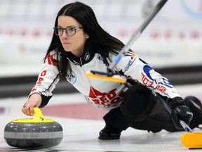 Skip Kerri Einarson of Gimli delivers during the provincial Scotties Tournament of Hearts in Gimli, Man. (KEVIN KING/Winnipeg Sun)