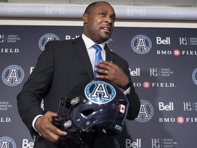 Toronto Argonauts new head coach Corey Chamblin stands after speaking to the media in Toronto on Monday, December 10, 2018. THE CANADIAN PRESS/Nathan Denette ORG XMIT: NSD103