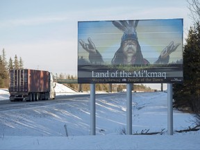 A billboard-size highway sign that highlights the province's rich Mi'kmaq heritage stands along the Trans-Canada Highway near Amherst, N.S. on Monday, Jan. 14, 2019. The celebrated Mi‚Äôkmaq artist Leonard Paul was commissioned by the province to create the welcome sign. Canada's growing embrace of Indigenous land acknowledgments appears to have left some First Nations advocates ambivalent about whether they are a form of reconciliation ‚Äî or institutional hypocrisy. THE CANADIAN PRESS/Andrew Vaughan