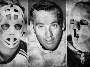 Jacques Plante is shown in photos without a mask and with two of the masks he wore in his career. The photo at right is 1960, the other two photos are from 1969. It was Jacques Plante of the Canadiens who popularized face protection when he stood his ground against reluctant coach Toe Blake to start wearing a mask full-time in 1959. Despite not being widely used until the late 1960's, the goalie mask has become an intriguing mix of art individuality and utilitarianism and an iconic symbol of the league itself. THE CANADIAN PRESS/AP ORG XMIT: CPT201