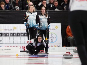 Skip Kerri Einarson calls the line during the 3-4 game against Team Abby Ackland on Saturday night at the provincial Scotties Tournament of Hearts in Gimli.  (Brook Jones/Postmedia Network)