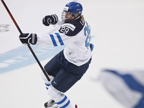 Jets’ Patrik Laine celebrates a goal during the 2016 world junior championship in Finland. Laine acknowledges he wasn’t the most coachable player during his junior career. (AP FILES)