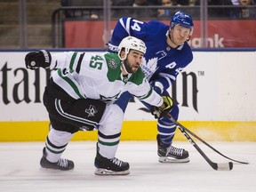 Toronto Maple Leafs Morgan Rielly during 1st period action against the Dallas Stars Roman Polak at the Scotiabank Arena in Toronto on Thursday November 1, 2018. Ernest Doroszuk/Toronto Sun/Postmedia