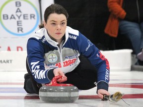 Skip Laura Burtnyk, from the Assiniboine Memorial Curling Club, delivers a rock during Draw 2 action at the Manitoba Scotties Tournament of Hearts at the Gimli Recreation Centre on Jan. 23, 2019. (NATHAN LIEWICKI/Postmedia Network)