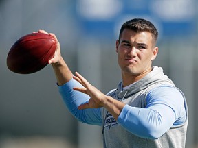 In this March 21, 2017, file photo, quarterback Mitch Trubisky passes during North Carolina's pro timing football day in Chapel Hill, N.C.