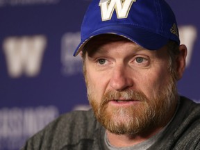 Winnipeg Blue Bombers head coach Mike O'Shea speaks with the media on Thurs., Oct. 25, 2018. Kevin King/Winnipeg Sun/Postmedia Network