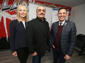 From the left; Mary Deacon, Chair of Bell Let's Talk, James Favel, Executive Director of the Bear Clan Patrol, and Winnipeg Mayor Brian Bowman.  Both Deacon and Bowman announced money for the Bear Clan Patrol today.  Wednesday, January 162019 Winnipeg Sun/Chris Procaylo/stf