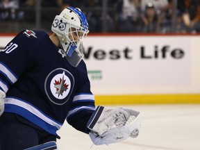 Goalie Laurent Brossoit likely won’t see many starts in the final 16 games. Kevin King/Winnipeg Sun