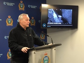 Brian Smiley, Media Relations Coordinator with Manitoba Public Insurance, addresses the media at a joint press conference with the Winnipeg Police Service on Tuesday.