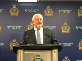 Paul Johnson, Chairperson of Winnipeg Crime Stoppers, speaks about Winnipeg Crime Stoppers offering double the cash awards up to $2,000 for information solving methamphetamine related crimes effective immediately and continuing to the end of February at a press conference at Winnipeg police headquarters on Tuesday.