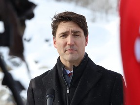 Prime Minister Justin Trudeau addresses the media in Sudbury, Ont. on Wednesday February 13, 2019.