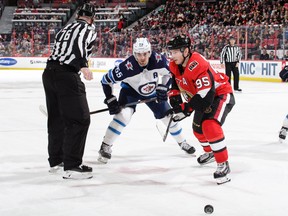 OTTAWA, ON - FEBRUARY 9:  Matt Duchene #95 of the Ottawa Senators takes a face-off against Mark Scheifele #55 of the Winnipeg Jets in the first period at Canadian Tire Centre on February 9, 2019 in Ottawa, Ontario, Canada.  (Photo by Jana Chytilova/Freestyle Photography/Getty Images)
