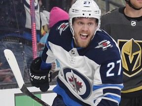 Nikolaj Ehlers #27 of the Winnipeg Jets celebrates after scoring a first-period goal against the Vegas Golden Knights during their game at T-Mobile Arena in Las Vegas, Nevada.  (Photo by Ethan Miller/Getty Images)