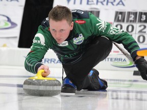 Assiniboine Memorial Curling Club skip and Carberry native Braden Calvert delivers a stone during the seventh end of an A-side semifinal versus the GraniteÕs Trevor Loreth at the men's provincial curling championship at Tundra Oil & Gas Place in Virden, Man., on Feb. 7, 2019. (Nathan Liewicki/Postmedia Network)