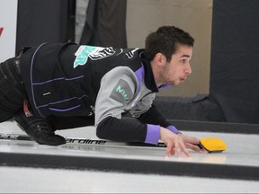 Winnipeg Beach Curling Club's Colton Lott looks on after delivering a stone during the sixth end of his team’s Viterra Championship A-side semifinal matchup against Deer Lodge's Sean Grassie during the men's provincial curling championship at Tundra Oil & Gas Place in Virden, Man., on Feb. 7, 2019. (Nathan Liewicki/Postmedia Network)