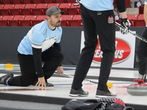 Lorette skip Cory Chambers looks on after delivering a stone during the ninth end of a Viterra Championship A-side qualifier against BrandonÕs Terry McNamee during the men's provincial curling championship at Tundra Oil & Gas Place in Virden, Man., on Feb. 8, 2019. (Nathan Liewicki/Postmedia Network)