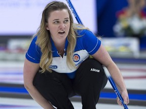 Alberta skip Chelsea Carey follows a rock against Saskatchewan in playoff action at the Scotties Tournament of Hearts in Sydney, N.S. on Saturday, Feb. 23, 2019.