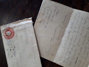 An old letter is seen in this undated handout photo. Prairie Pickers Cafe owner Amanda Kehler bought a box of old papers for $1 and inside she found a letter sent from a veteran at a military hospital in England to a woman in Manitoba in 1917 explaining how her brother saved his life at Vimy Ridge. Amanda Kehler/Handout