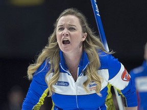 Alberta skip Chelsea Carey directs the sweep as they play British Columbia at the Scotties Tournament of Hearts at Centre 200 in Sydney, N.S. on Monday, Feb. 18, 2019.