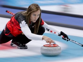 Canada's skip Rachel Homan throws a stone during a women's curling match against China at the 2018 Winter Olympics in Gangneung, South Korea, Tuesday, Feb. 20, 2018.
